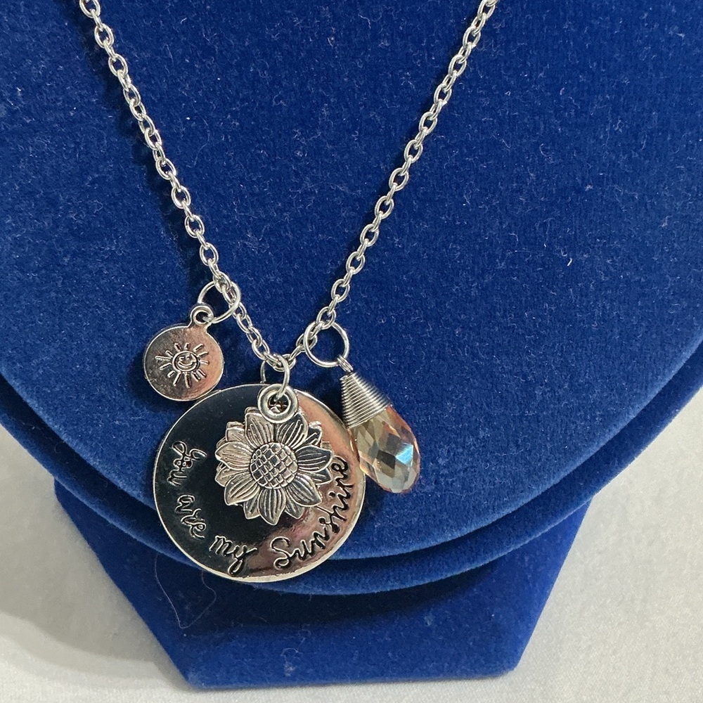 You Are My Sunshine Sunflower Charm Necklace - Silver with Iridescent Teardrop